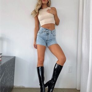 Princess Polly Asymmetric Cross Over Waist Denim Shorts Light Wash Size 6
